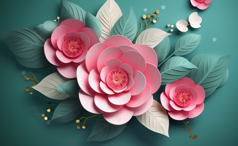 三朵粉色月季花剪纸风场景,插画/手绘图,插画/手绘图库,插画/手绘图下载,插画/手绘